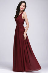 Burgundy Long V-Neck Sleeveless Chiffon Bridesmaid Dresses
