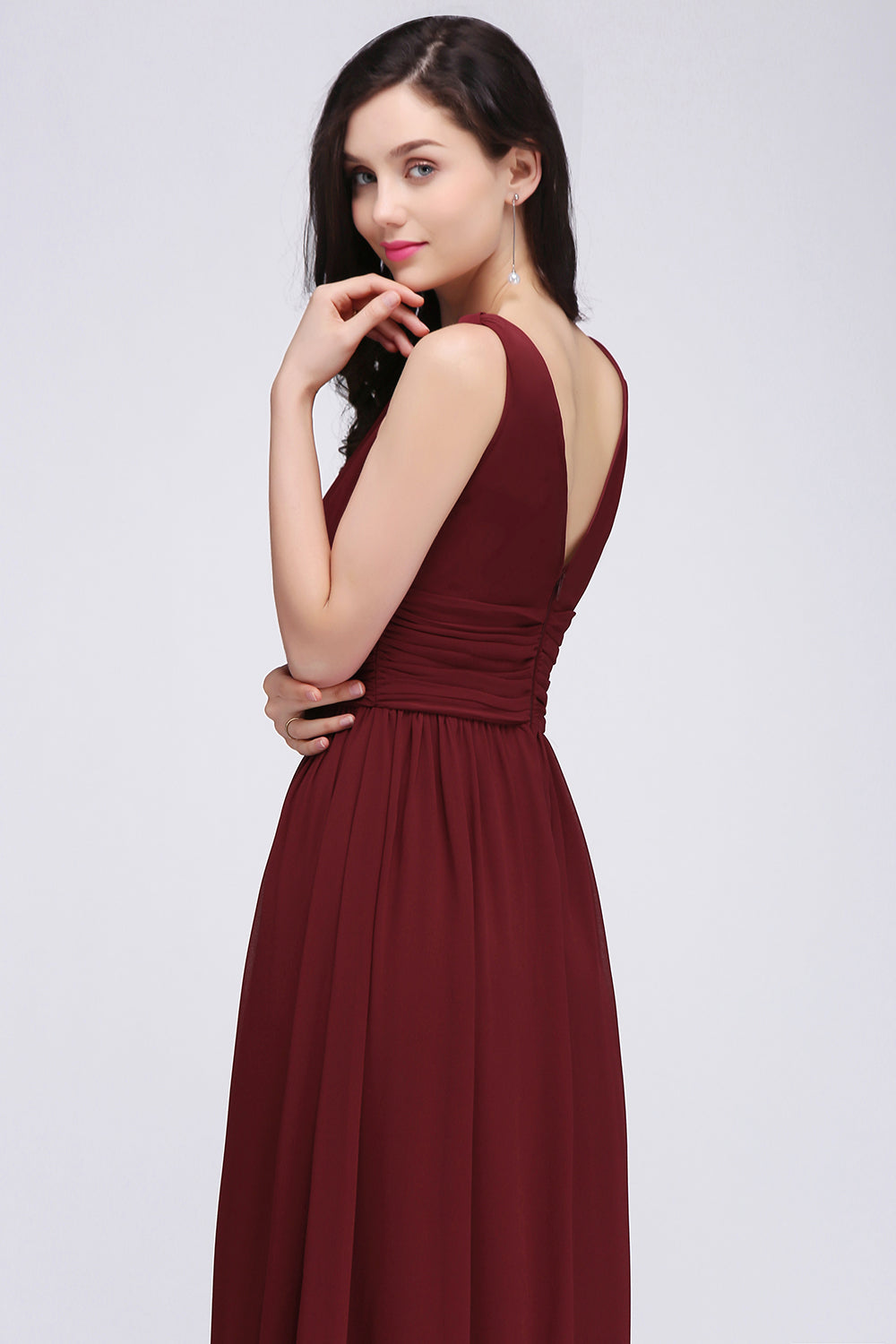 Burgundy Long V-Neck Sleeveless Chiffon Bridesmaid Dresses