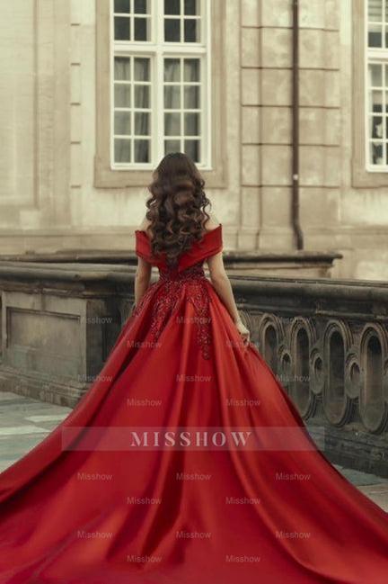 Burgundy Off-the-shoulder A-Line Satin Wedding Dresses Bridal Gowns With Lace Burgundy Off-the-shoulder A-Line Satin Wedding Dresses Bridal Gowns With Lace