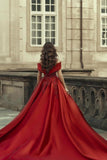 Burgundy Off-the-shoulder A-Line Satin Wedding Dresses Bridal Gowns With Lace-misshow.com