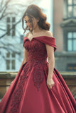 Burgundy Off-the-shoulder A-Line Satin Wedding Dresses Bridal Gowns With Lace-misshow.com