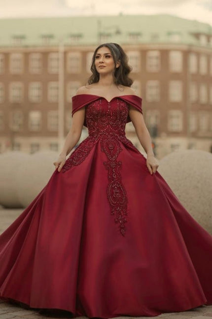 burgundy bridal dress Off-the-shoulder A-Line Satin Wedding Dresses Gowns Wi – Size:M(60