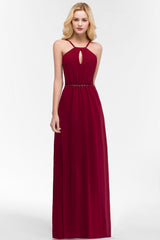 Burgundy Spaghetti Straps Long Bridesmaid Dresses with Beading Sash
