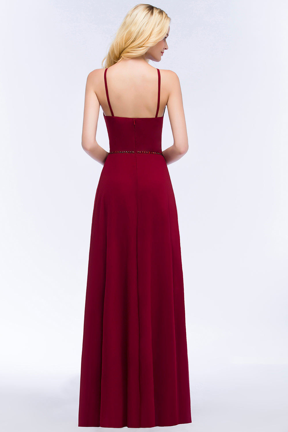 Burgundy Spaghetti Straps Long Bridesmaid Dresses with Beading Sash