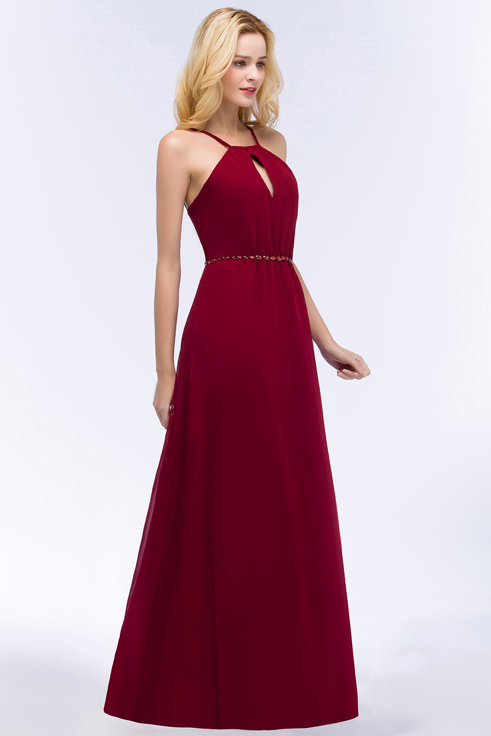 Burgundy Spaghetti Straps Long Bridesmaid Dresses with Beading Sash