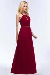 Burgundy Spaghetti Straps Long Bridesmaid Dresses with Beading Sash