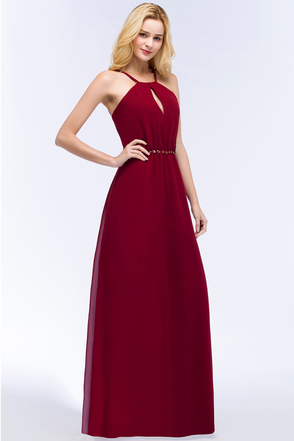 Burgundy Spaghetti Straps Long Bridesmaid Dresses with Beading Sash