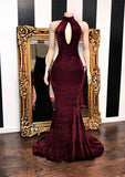 Burgundy Velvet Mermaid Long Evening Gowns-misshow.com
