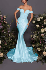 Off The Shoulder Sleeveless Long Mermaid Formal Dress With Pleated