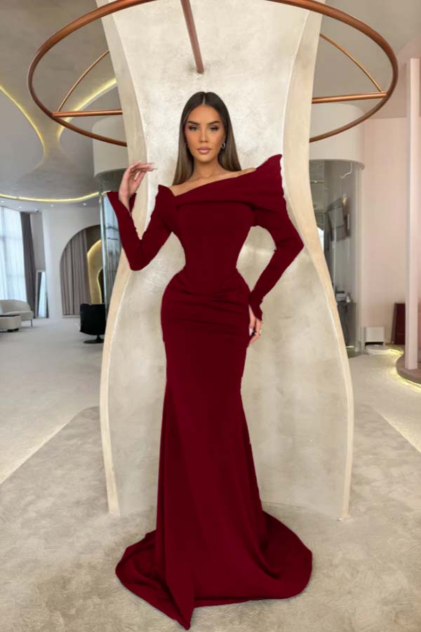 Off the Shoulder Long Sleeves Long Mermaid Formal Dress With Pleated