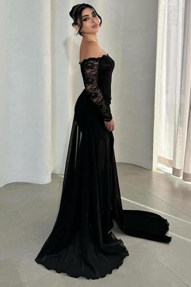 Off the Shoulder Long Sleeves Long Mermaid Formal Dress With Split
