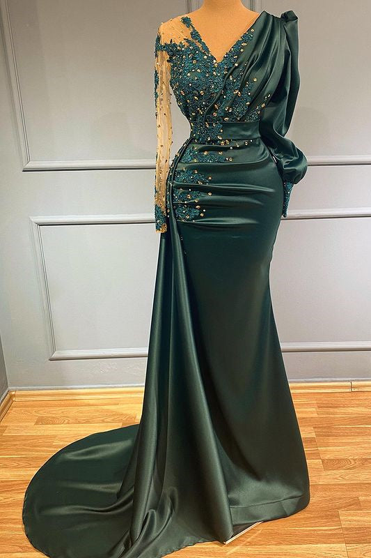 V Neck Long Sleeves Formal Dress Beading Dark Green Formal With Lace Appliques