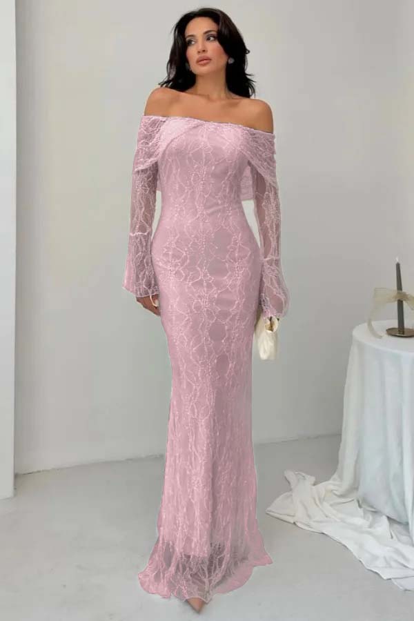 Off the Shoulder Long Sleeves Long Mermaid Formal Dress With Lace