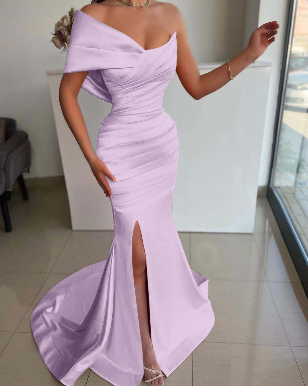 One Shoulder Sleeveless Split Mermaid Long Formal Dress With Pleated