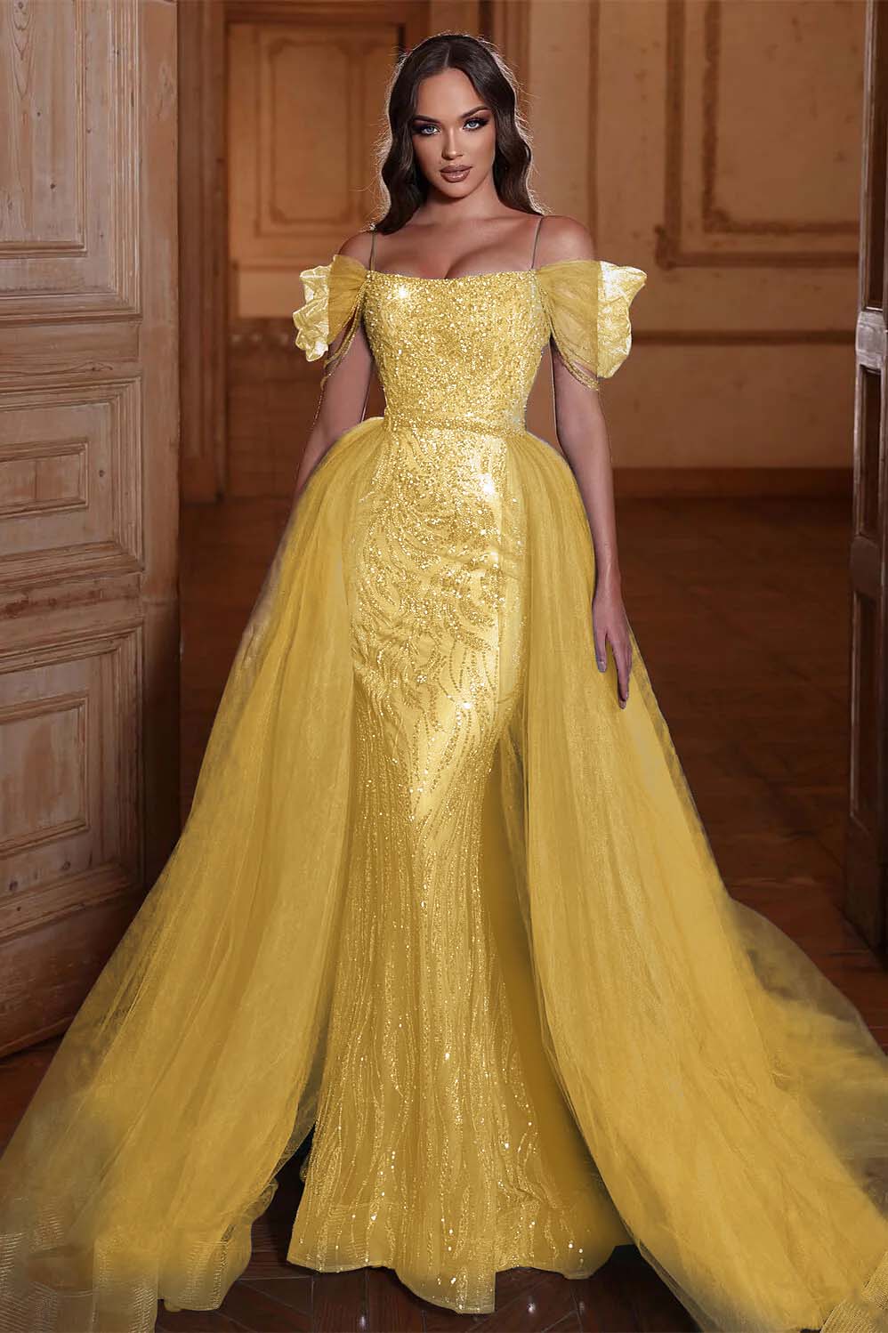 Off the Shoulder Mermaid Formal Dress Tulle Ruffles With Appliques