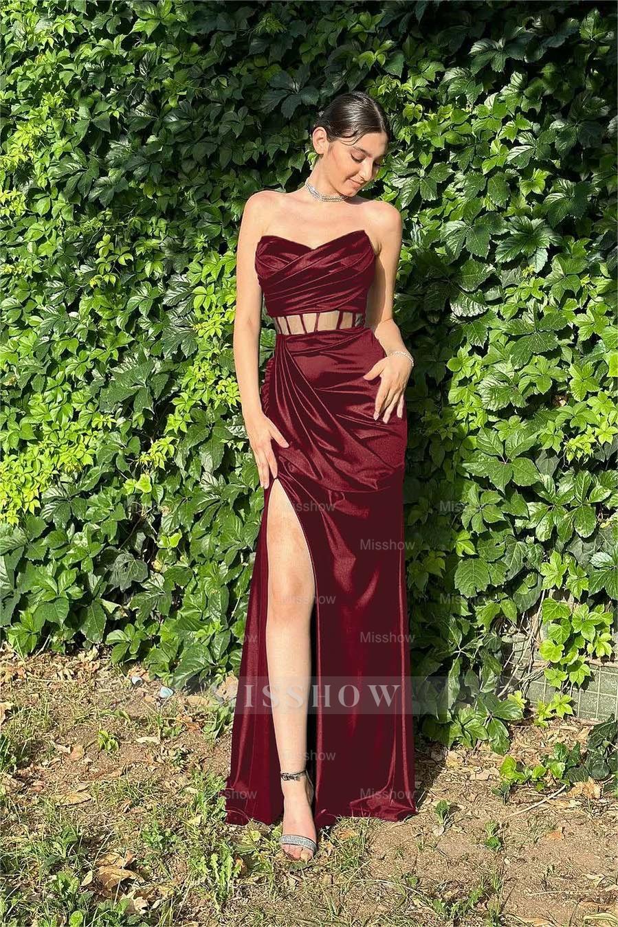 Strapless Sleeveless Long Mermaid Formal Dress With Pleated Split