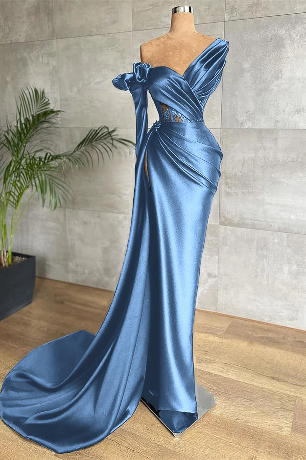 Black One Shoulder Long Sleeve Lace Pleated Long Formal Dress With Side Split