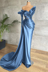 Black One Shoulder Long Sleeve Lace Pleated Long Formal Dress With Side Split