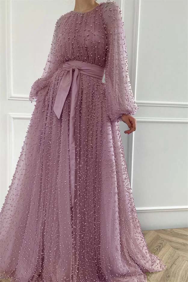 Long Sleeves Long Jewel Neck Formal Dress With Pleated Beading