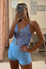 Blue Lace-Up V Neck Spaghetti Strap Long Formal Dress With Slit