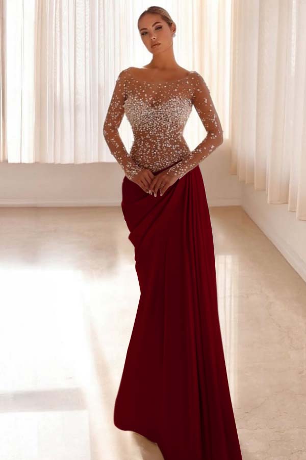 Jewel Neck Long Sleeves Long Mermaid Formal Dress With Pleated
