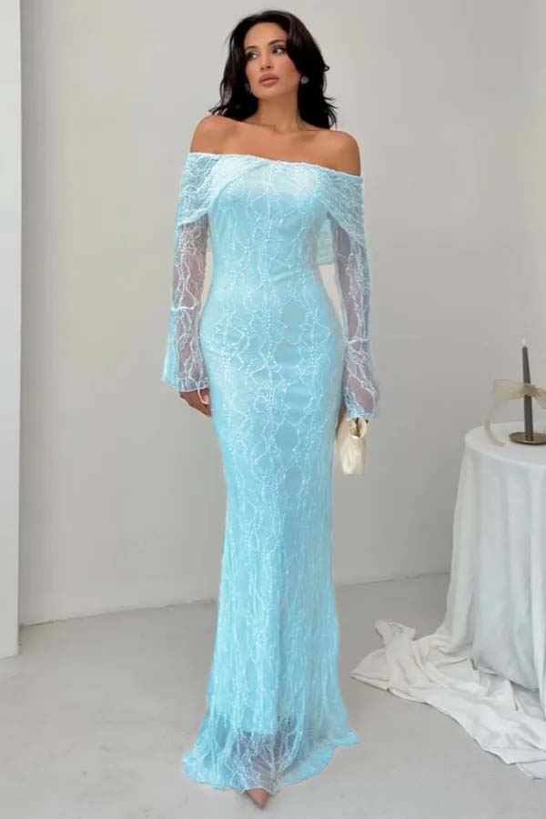 Off the Shoulder Long Sleeves Long Mermaid Formal Dress With Lace