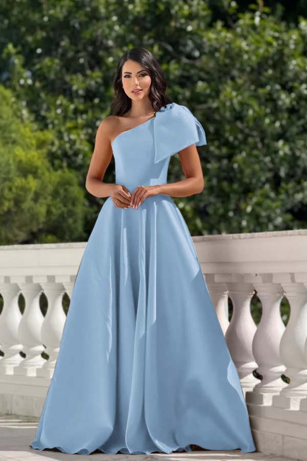 One Shoulder Sleeveless Long Formal Dress With Pleated Bowknot