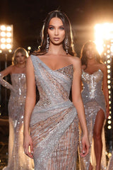 Sleeveless Formal Dress One Shoulder Sequins With Beading Long