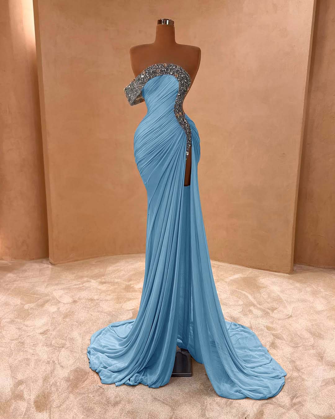 One Shoulder Sleeveless Long Split Formal Dress With Pleated Sequins