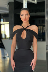 Black Halter Off the Shoulder Mermaid Formal Dress With Pleated