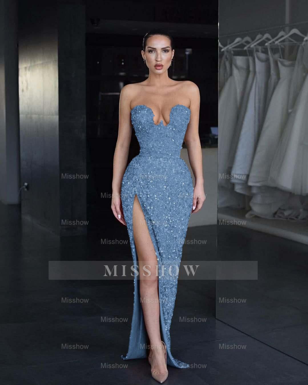 Strapless Sleeveless Long Mermaid Split Formal Dress With Sequins