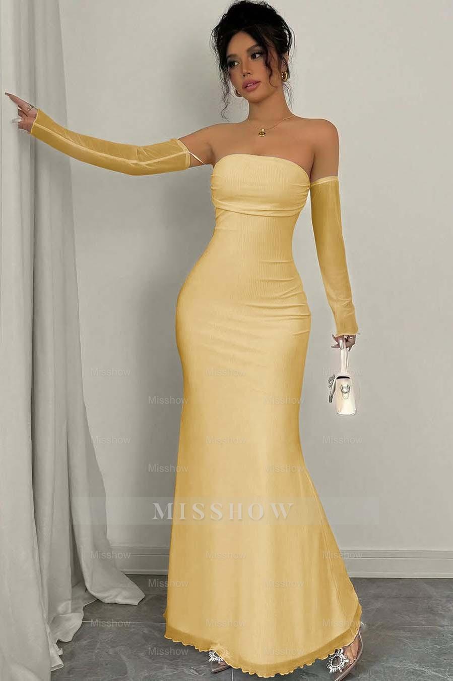 Strapless Long Mermaid Formal Dress With Detachable Sleeves Pleated