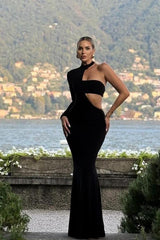 Black One Shoulder Halter Long Sleeve Mermaid Long Formal Dress