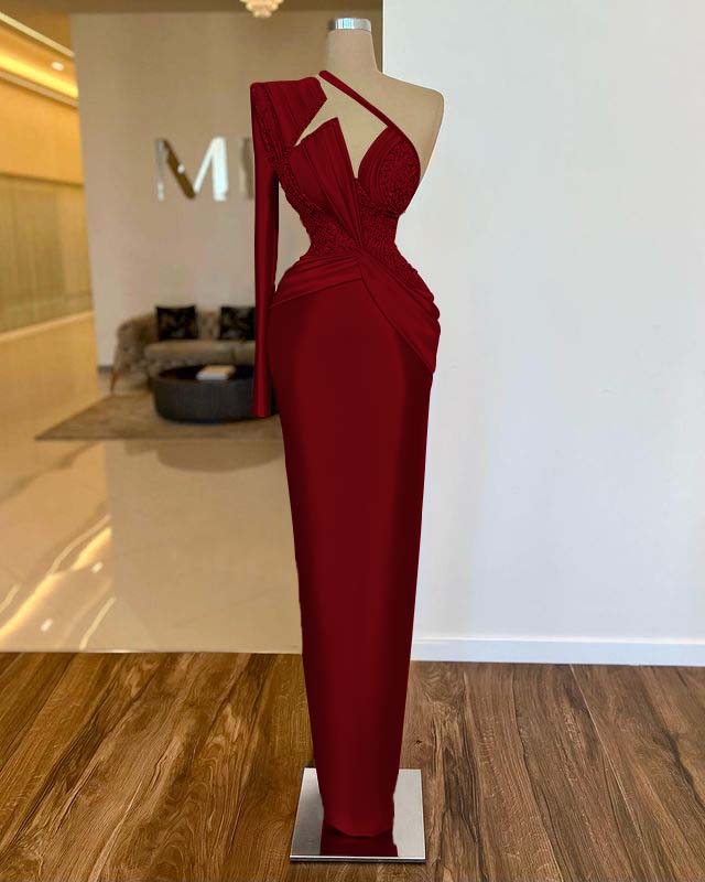 Long Sleeve One Shoulder Long Formal Dress With Pleated Appliques