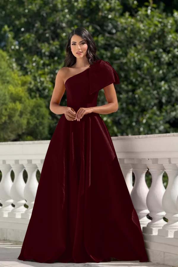 One Shoulder Sleeveless Long Formal Dress With Pleated Bowknot