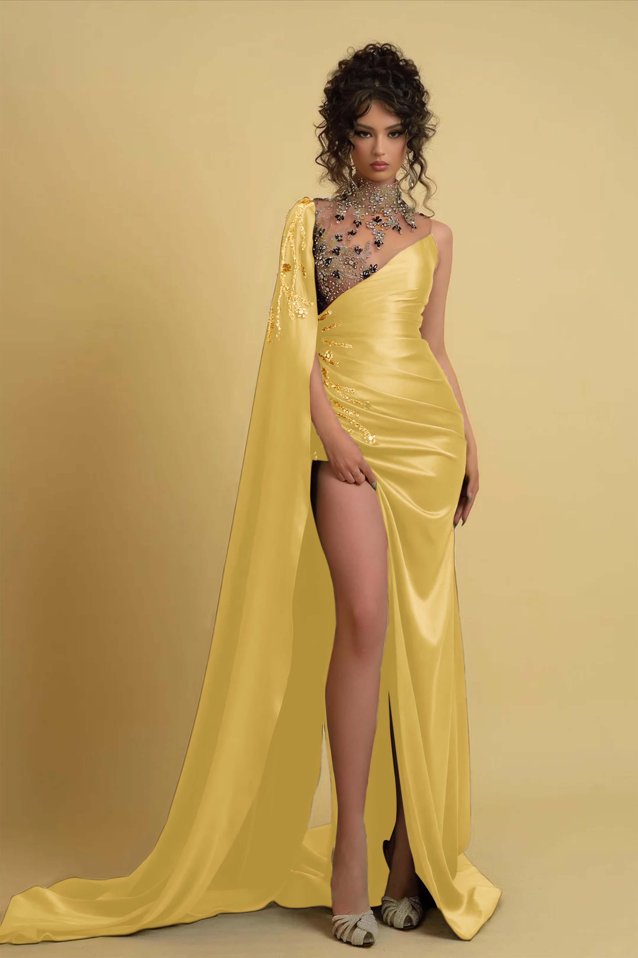 High Neck Formal Dress Regency One Shoulder With Ruched Beads