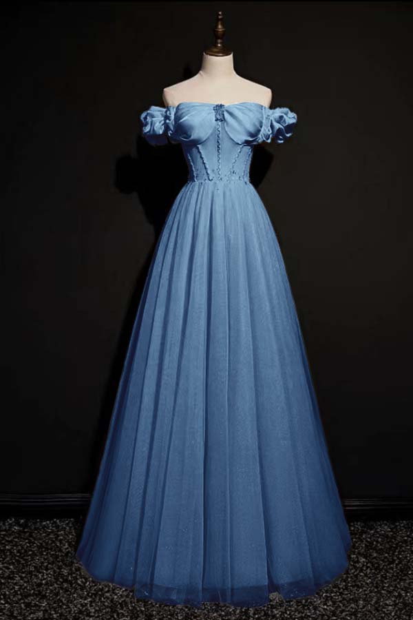 Off the Shoulder Strapless Sleeveless Long Formal Dress With Tulle