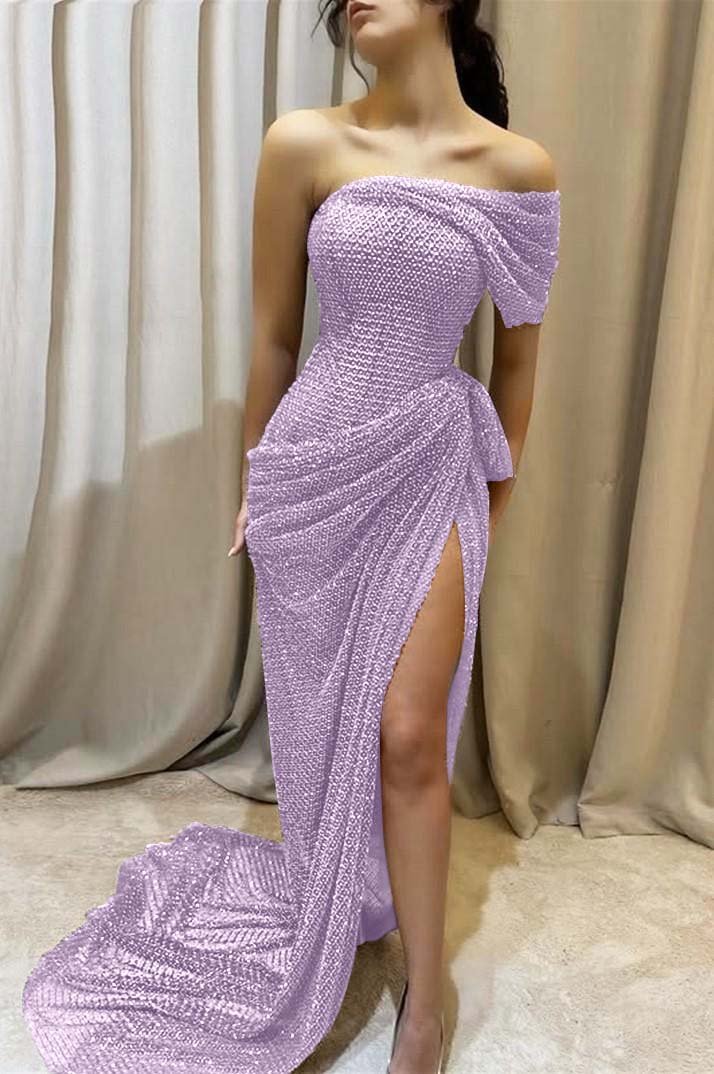 One Shoulder Sleeveless Long Mermaid Formal Dress With Split Pleated