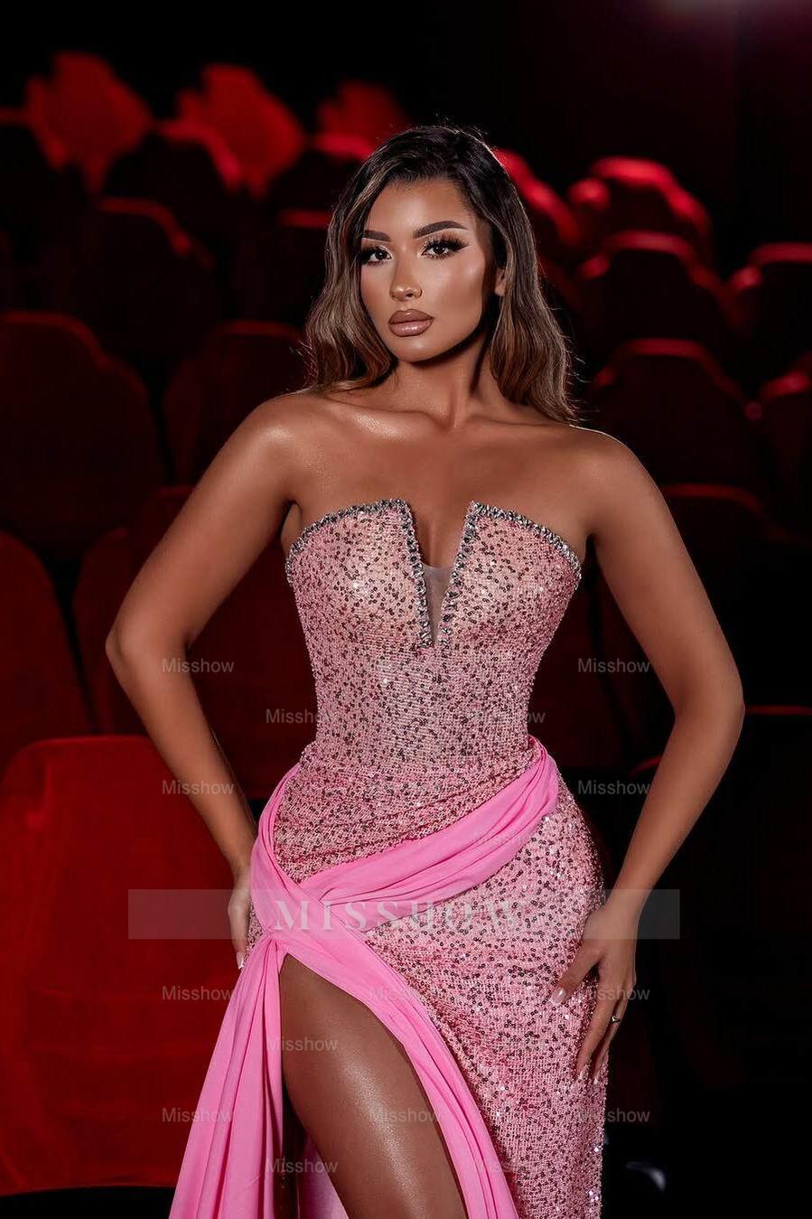 Sequins Sleeveless Strapless Long Mermaid Formal Dress With Split