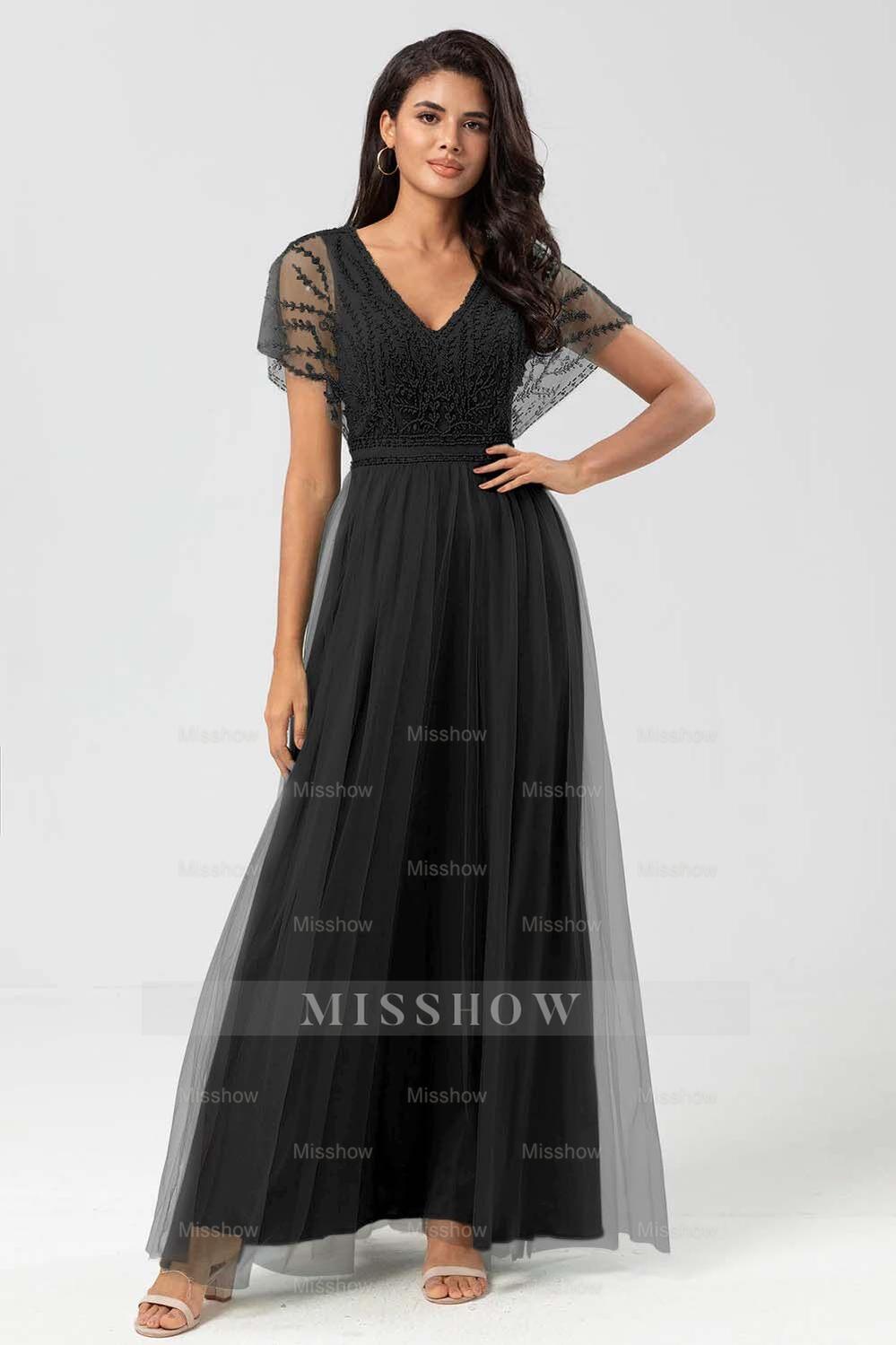Tulle Short Sleeves V Neck A Line Long Formal Dress With Appliques