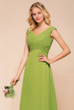 Cap Sleeve Aline Bridesmaid Dress Green Long Simple Maid of Honor Dress-misshow.com