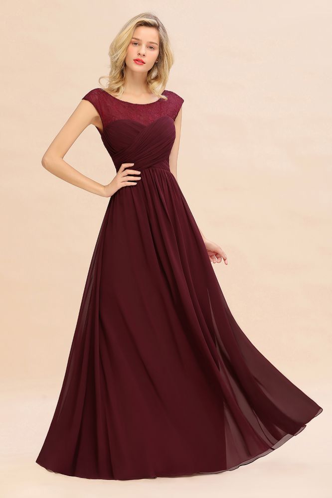 Cap Sleeve Burgundy Evening Maxi Gown Chiffon Floor Length Bridesmaid Dress-misshow.com