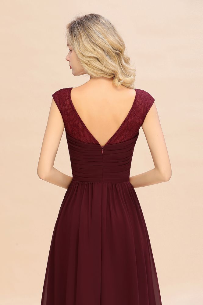 Cap Sleeve Burgundy Evening Maxi Gown Chiffon Floor Length Bridesmaid Dress-misshow.com