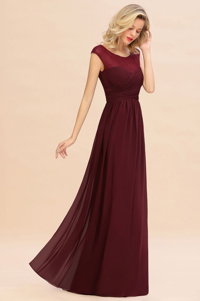 Cap Sleeve Burgundy Evening Maxi Gown Chiffon Floor Length Bridesmaid Dress-misshow.com