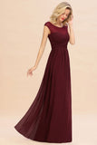 Cap Sleeve Burgundy Evening Maxi Gown Chiffon Floor Length Bridesmaid Dress-misshow.com