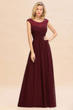 Cap Sleeve Burgundy Evening Maxi Gown Chiffon Floor Length Bridesmaid Dress