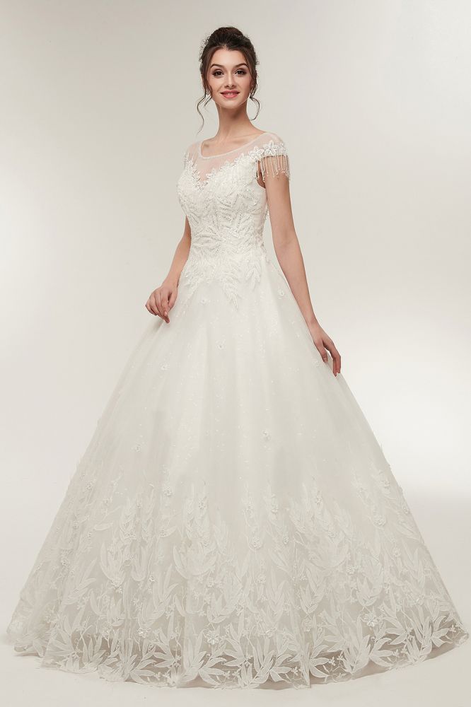 This beautiful Cap Sleeves A-line Scoop Floor Length Lace Appliques Wedding Dresses will make your guests say wow. The Jewel bodice is thoughtfully lined, and the Floor-length skirt with Lace,Appliques,Ruffles,Crystal Floral Pin to provide the airy, flatter look of Tulle,Lace.