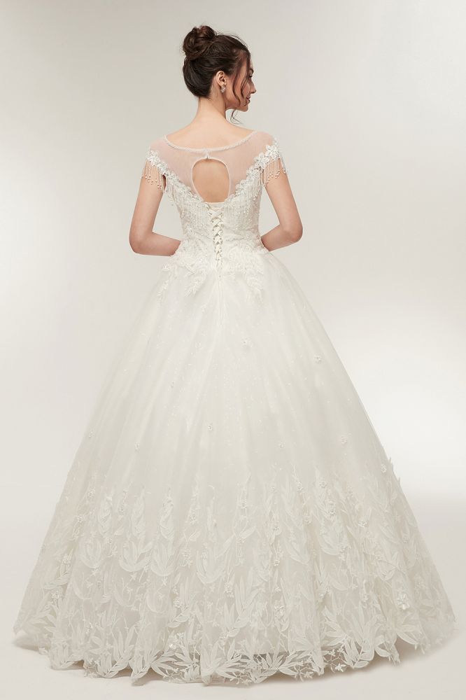This beautiful Cap Sleeves A-line Scoop Floor Length Lace Appliques Wedding Dresses will make your guests say wow. The Jewel bodice is thoughtfully lined, and the Floor-length skirt with Lace,Appliques,Ruffles,Crystal Floral Pin to provide the airy, flatter look of Tulle,Lace.