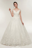 Cap Sleeves A-line Scoop Floor Length Lace Appliques Wedding Dresses