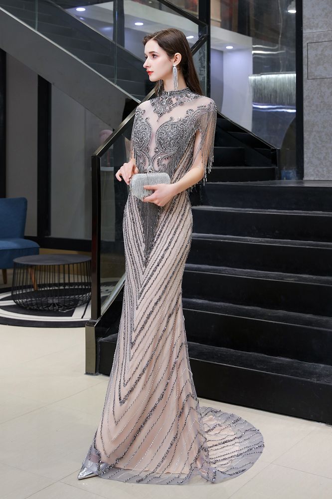 The gorgeous Cap Sleeves High Neck Sparkly Beads Floor-Length Mermaid Evening Party Gown will stun every girl. The Tulle Vintage Party dress will add extra elegance to your wholesale look.